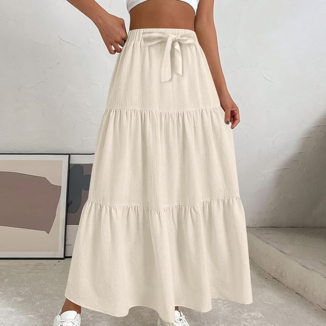 Karight Maxi Skirts for Women Trendy High Waisted Flowy Tiered Linen Skirt Casual Pleated A-Line Beach Long Skirts with Tie