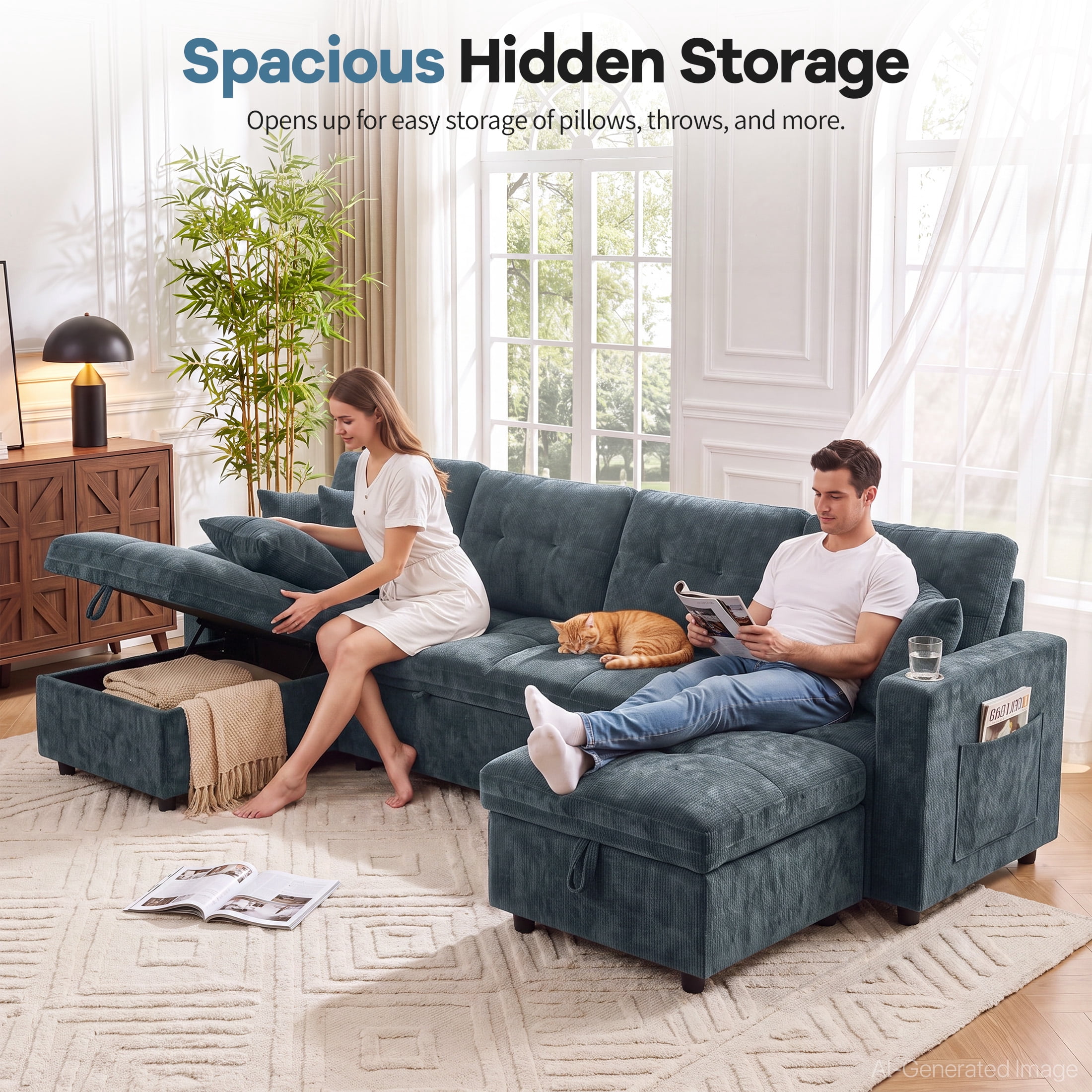 Aenkyo 108" Chenille U-Shaped Sectional Pull Out Sofa Bed with Dual Storage Chaises, Blue