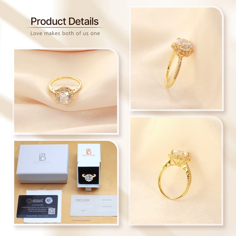 Aurora&Fiori 0.5carat Round Cut Moissanite Engagement Ring for Women 18K Yellow Gold Plated S925 Sterling Silver Flower Halo Promise Ring