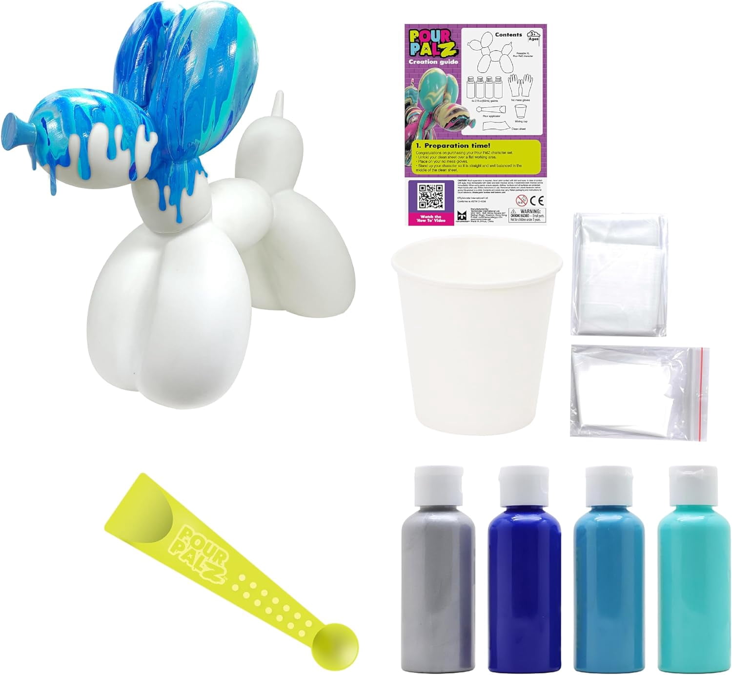 Pour Palz DIY Paint Pouring Kit – 1 XL Balloon Dog, 4 Acrylic Pour Paints, Mixing Cups & Tools, Create Unique Marbled Art, Fun Hands-On Craft Kit for Kids & Adults, Ocean Blue, Ages 5+