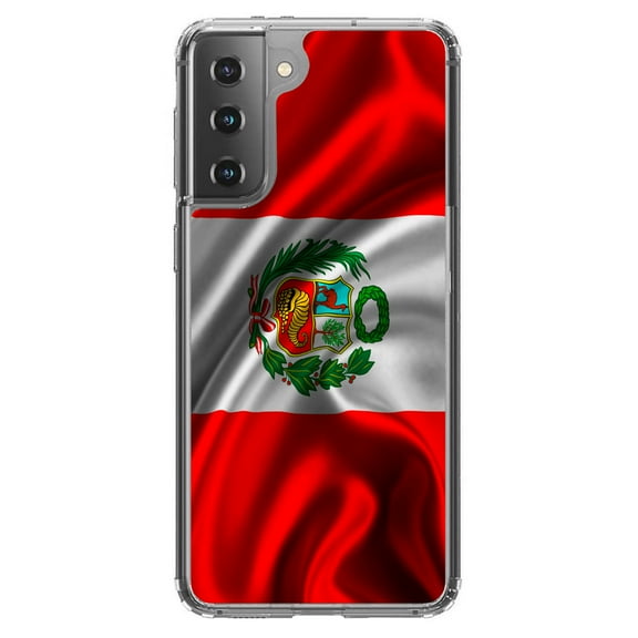 DistinctInk Clear Shockproof Hybrid Case for Galaxy S21 5G (6.2" Screen) - TPU Bumper, Acrylic Back, Tempered Glass Screen Protector - Peru Waving Flag - Show Your Love of Peru
