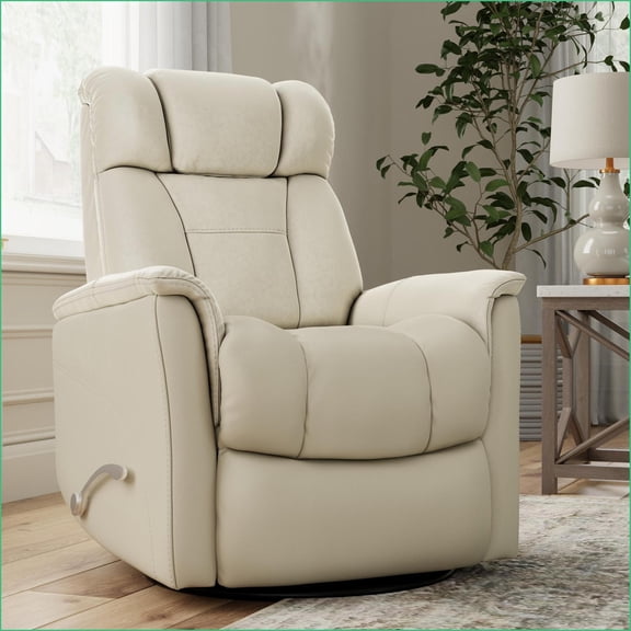 Recliners | Global Home Swivel Glider Recliner with Manual Headrest & Footrest | Faux Leather Bentley Oyster | Cream Color | Wood Metal