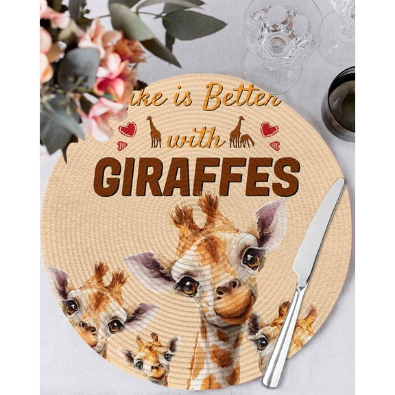 15 Inch Round Placemats Set of 6, Giraffe Non Slip Heat Insulation PP Table Mats, Red Love Heart Farmhouse Animals Washable Place Mats for Kitchen Dining Party Table Decor
