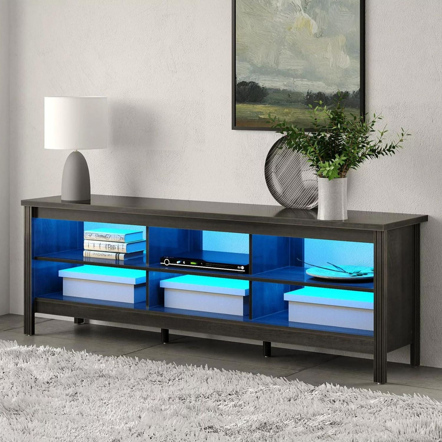 WAMPAT Farmhouse LED TV Stand for 75 inch TV, Wood Entertainment Center with 6 Storage Cabinets for Living Room, Black, 70 inch