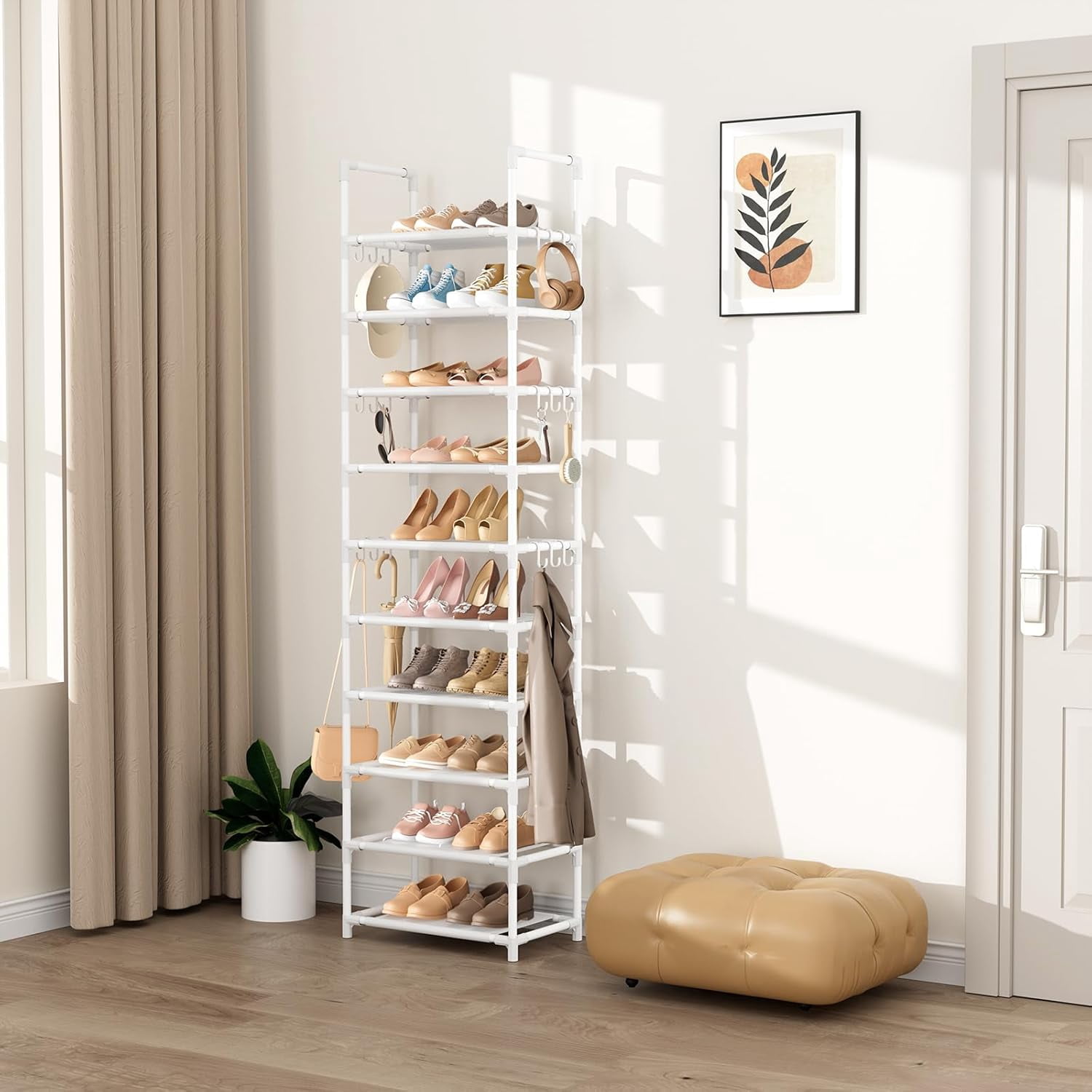10 Tiers Tall Shoe Rack Holds 20-25 Pairs of Shoes Sturdy Vertical Shoe Organizer with 18pcs Hooks Stackable Narrow Shoe Rack for Closet, Entryway White