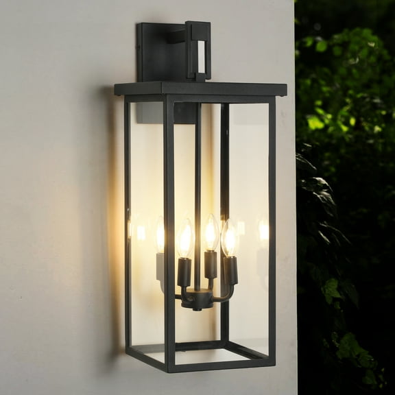 Large Outdoor Wall Lantern, 26 Inch Modern Exterior Wall Sconce with Clear Glass, Waterproof Porch Light for House Garage, Anti-Rust Matte Black Finish, 4-Light E12 Base