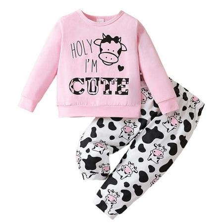 

Toddler Girls Cute Outfits Long Sleeve Cartoon Cow Prints Tops Pants Two Piece Casual Kids Trendy Clothes for Girls Size 3-4T