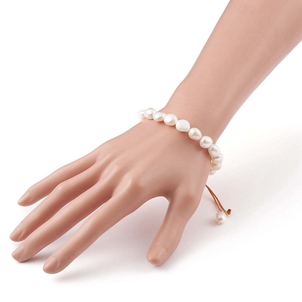 Adjustable Nylon Thread Bead Bracelets with Oval Natural Cultured Freshwater Pearl Beads and Flat Round Brass Charms Real 18K golden Plated White Inner Diameter: 2-1/8~3-1/2 inch(5.5~9cm)