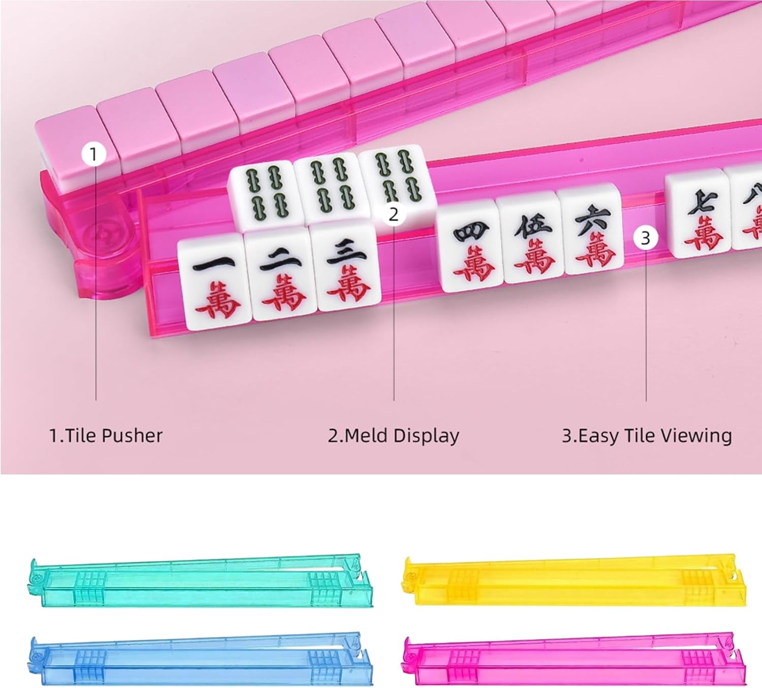 4-Pack Clear Acrylic Mahjong Racks with Pushers – Tile Holders for American Mah Jong