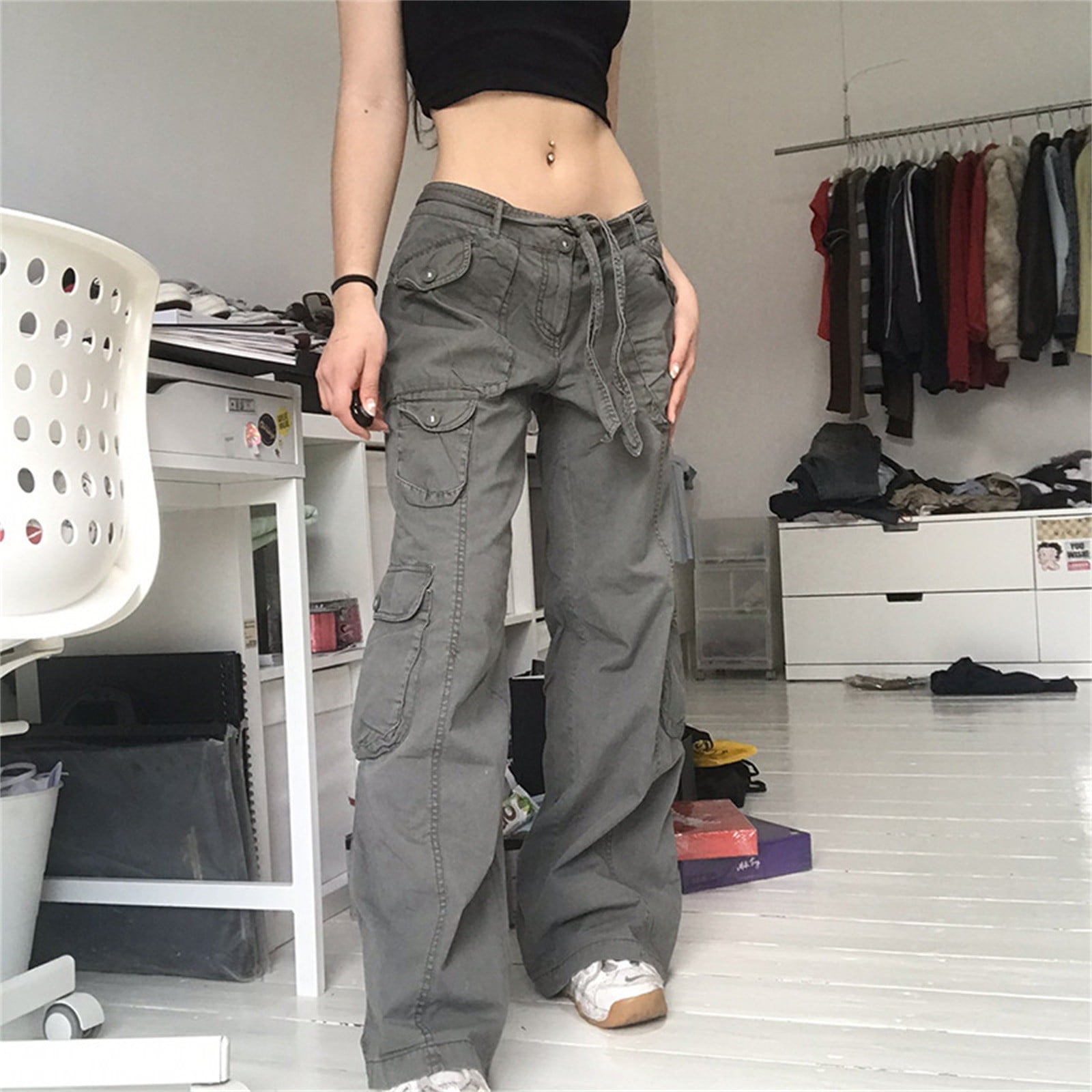 haxmnou women high waist baggy cargo pants cargo jeans jogger pocket loose  fit straight wide leg trouser green xxl - Walmart.com