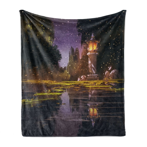 Landscape Soft Flannel Fleece Throw Blanket, Idyllic Scenery at Night with a Stone Lantern Fireflies and Forest Trees Swamp, Cozy Plush for Indoor and Outdoor Use, 50" x 60", Multicolor, by Ambesonne