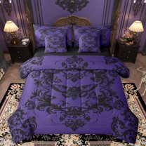 Homewish Retro Damask Jacquard 7-Piece Twin Bedding Sets,Ancient Baroque Print Bedding Comforter Set,Spooky Gothic Style Sheet Sets For Boys Girls,Breathable Home Decor Reversible