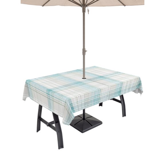 60x84 Inch Outdoor Tablecloth with Umbrella Hole Zipper Rectangle Teal Beige Checkered Rectangular Tablecloths Outside Waterproof Summer Modern Minimalist Patio Table Cloth Cover for Picnic Party