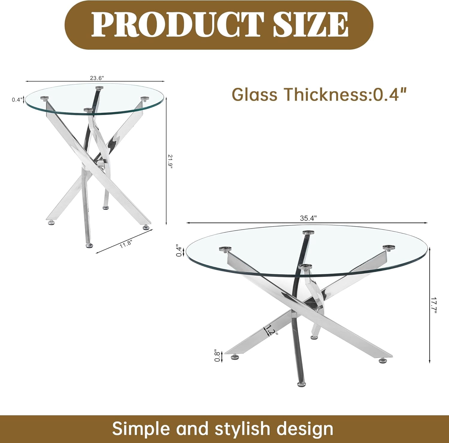 3-Piece Modern Living Room Set-35.43" Round Glass Coffee Table & 23.62" End Tables, Stainless Steel Base & Tempered Safety Glass Top, Sleek Set for Home, Apartment, Office