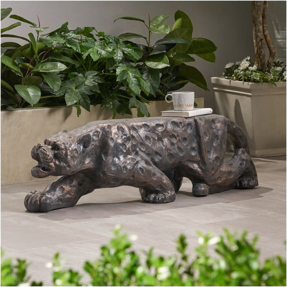 JERFIT Leopard Concrete Garden Bench, Lightweight Patio Seating with Copper Finish, Weather-Resistant MGO Outdoor Bench for Backyard, Porch, Lawn Decor