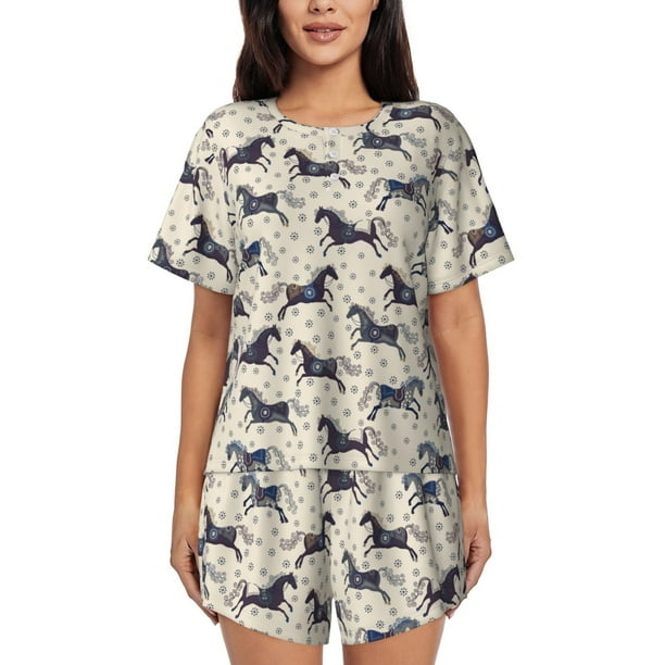 Fotbe Horse Conjunto de Pijama Estampado para Mujer, 2 Piezas, Ropa de Dormir con Camiseta de Manga Corta y Shorts Suaves-Large