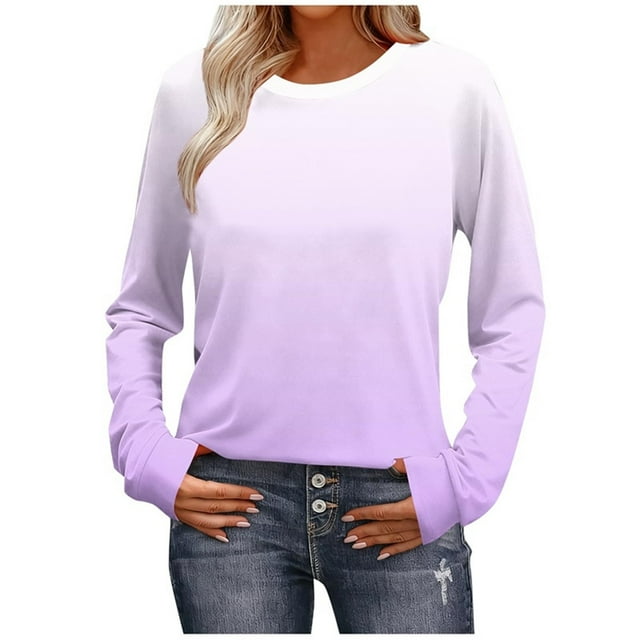 Ltctricy T-Shirts à Manches Longues pour Femmes, Mode Printemps Automne, Col Rond, Dégradé, T-Shirts Tendance, Hauts Décontractés Amples, Tuniques, Blouses (Violet, Très Grand)