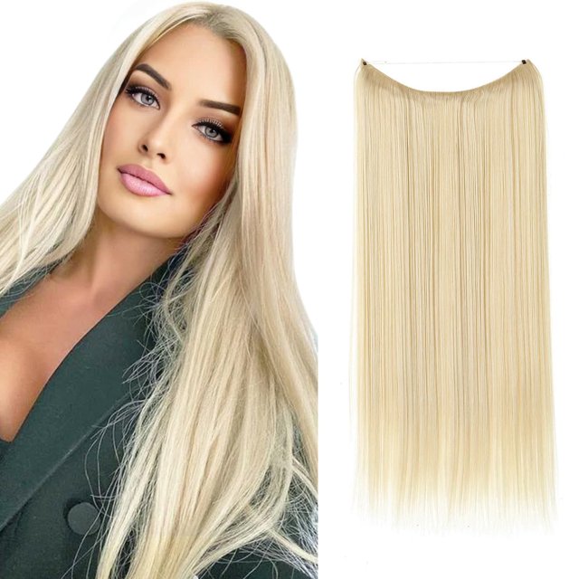 SARLA Extensiones de cabello de alambre invisible Postizos sintéticos largos rectos Diadema transparente ajustable de 22 pulgadas para mujeres Rubio de playa