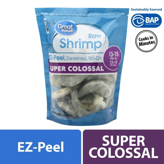 Great Value Frozen Raw Super Colossal Shell-on Tail-on Easy Peel Shrimp, 16 oz (13-15 Count per lb)