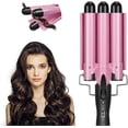 thumbnail image 1 of Rizador de 3 barriles para ondas playeras, rizador de pelo de cerámica rosa turmalina estilo sirena con calentamiento rápido., 1 of 5