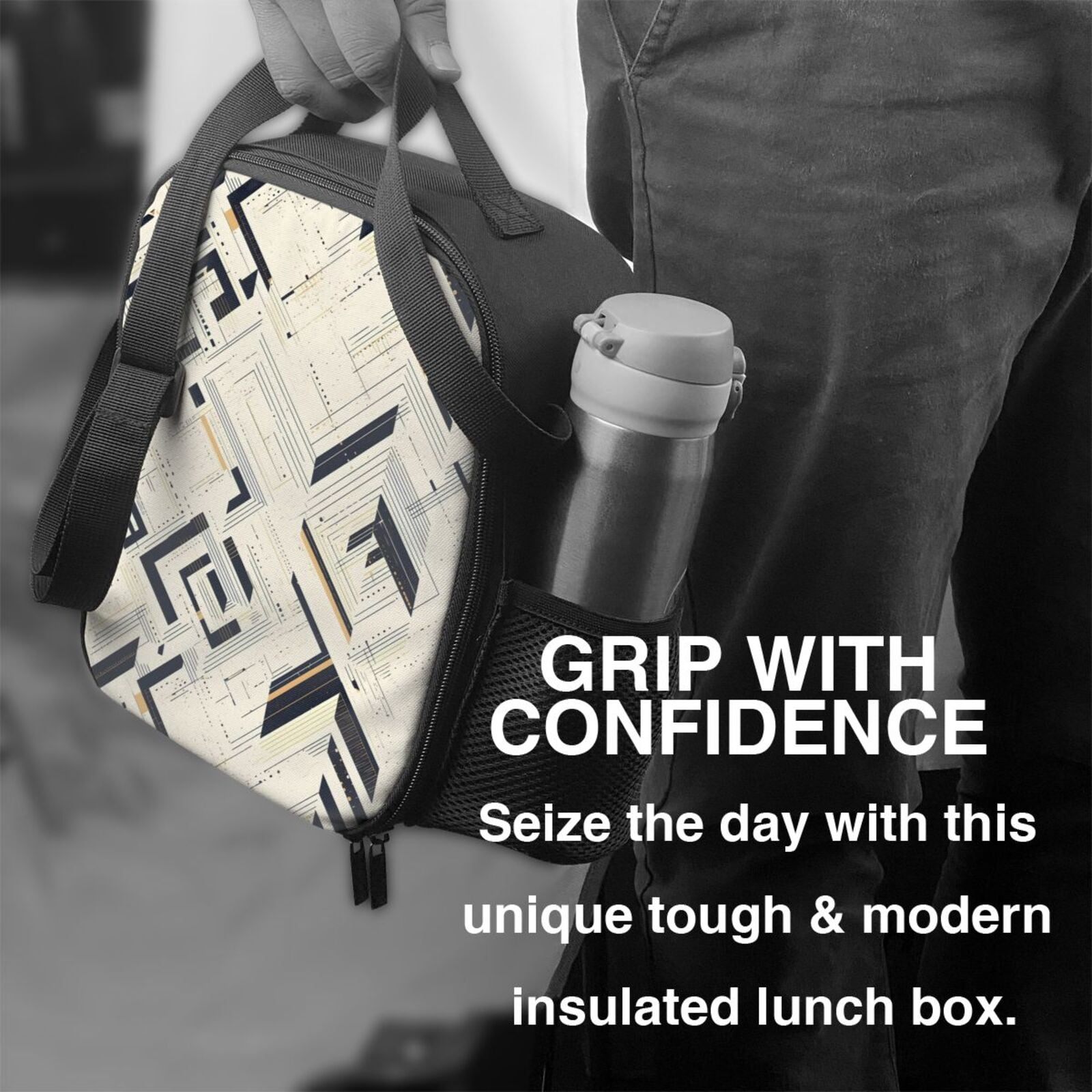 Thermal Insulation One Shoulder Portable Bento Bag Can Be Reused 8×10.5in For Carrying Drinks Bento Box Fruit Snacks Darkorchid Geometric Lines Hand-Drawn Sketch_3