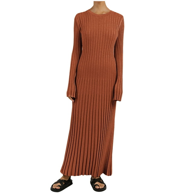Mrat Automne Col Rond Femme Décontracté Col Rond Manches Longues Taille Enveloppée Fessier Noué Enveloppement Fessier Côtelé Robe Chandail Chandail Femme P-197 Brun P