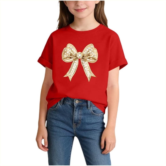 Kids Girls Red Graphic Tee with Gold Bow Rhinestone - Soft Knit Crewneck Short Sleeve T-Shirt 2T,Size 8 T