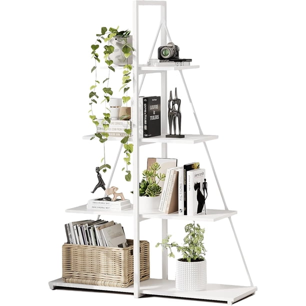 Qinaqin 4 Niveles Ladder Bookshelf a-Shaped Corner Estante Soporte Free de Profundidad Pie Bookcase Almacenamiento Rack Organizador con Steel Frame para Oficina en Casa Living Sala Kitchen Blanco