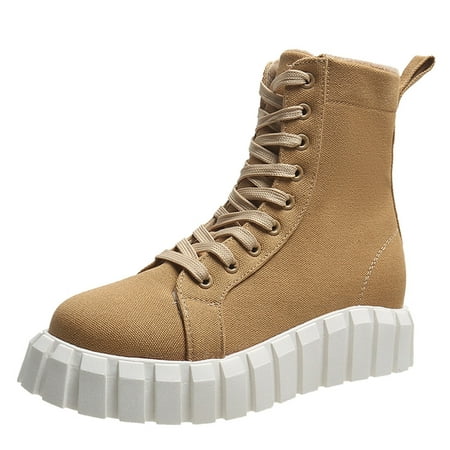 

Fashion Autumn Women Ankle Boots Flat Platform Round Toe Solid Color Lace Up Canvas Boots