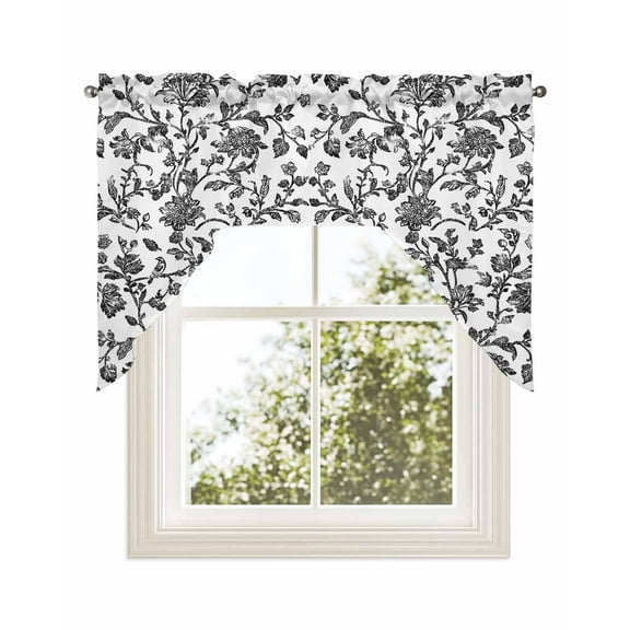 Black Flower Kitchen Curtains Swag Valance for Windows/Bathroom/Cafe, Vintage Farmhouse Boho Leaf Spring Plant Rod Pocket Drape Panel Swag Curtains Valance for Bedroom/Living Room 56"x36"