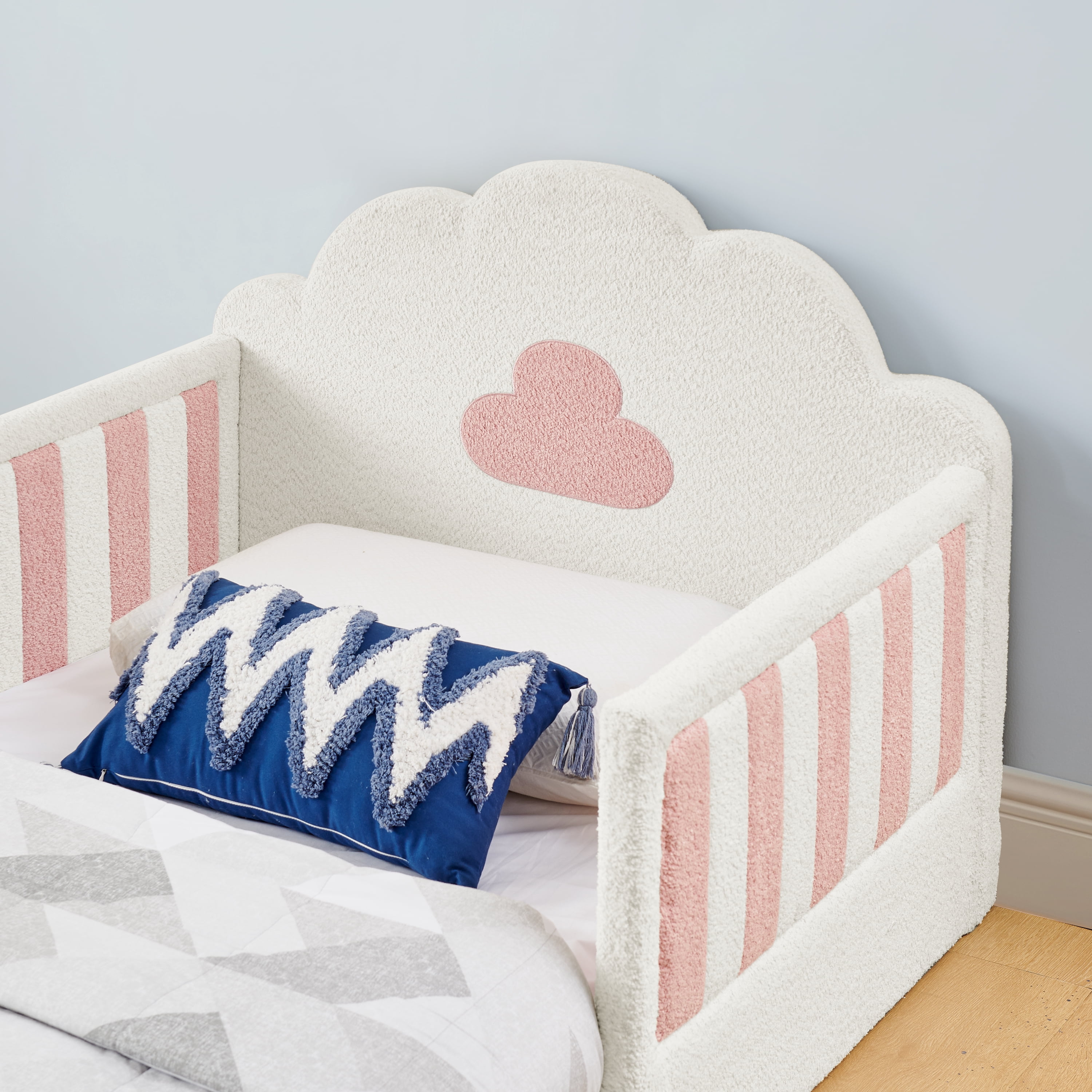 Twin Size Cloud Bed with Safety Guardrail, Solid Wood Bed Frame for Bedroom, Boucle Fabric