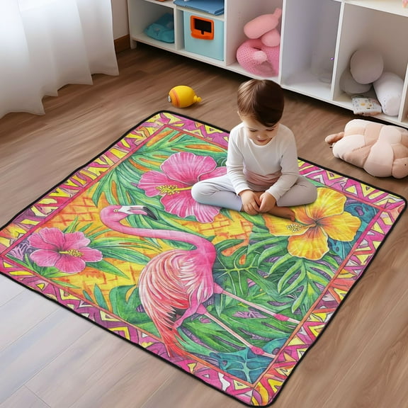 WOBOGO Pink Flamingo Baby Playmats Extra Large Waterproof Rollable Activity Pads for Toddlers 50×50inch