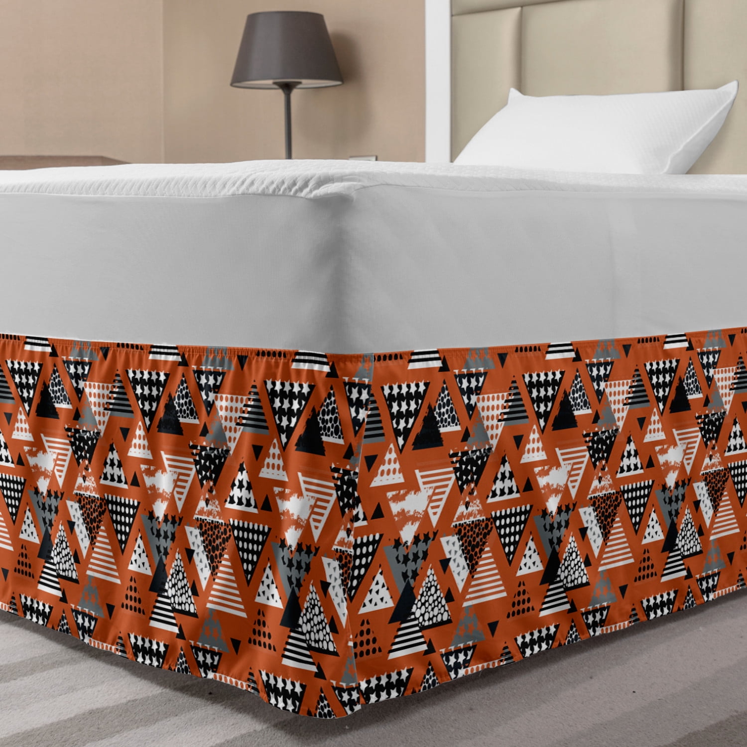 Orange Bed Skirt, Geometric Abstract Triangles Inner Stars Polka Dots