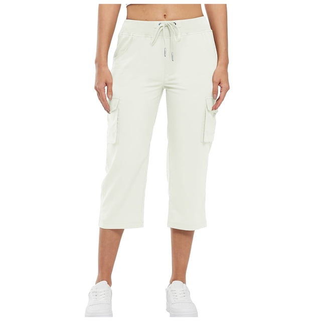 Fgnfyis Pantalon Cargo Capri pour Femmes Randonnée Été Décontracté Taille Haute avec Poches Blanc P
