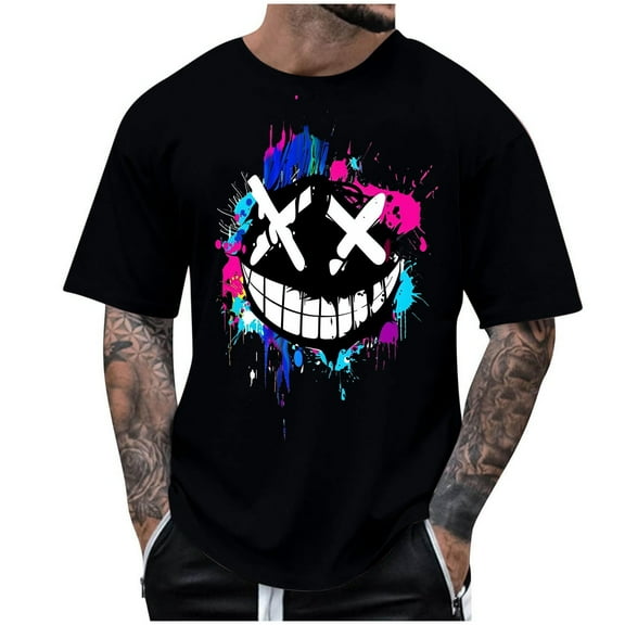 Men's Creepy Smile Crewneck T-Shirt Spooky Face Novelty Halloween Clothes Short Sleeve Scary Tee Tops
