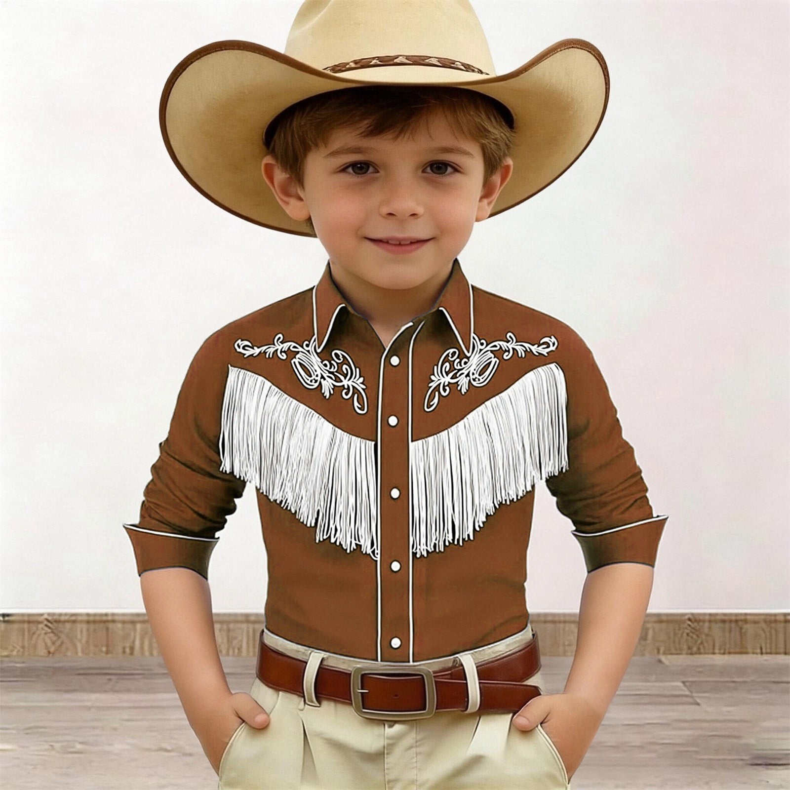 CAIXIA Kid Toddler Boys Cowboy Shirts Western Retro Button-Down Shirt Rodeo Party Long Sleeve Tops with Pockets Clothes