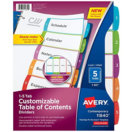 Avery 5-Tab Dividers for 3 Ring Binders, Customizable Table of Contents, Multicolor Tabs, 1 Set (11840)