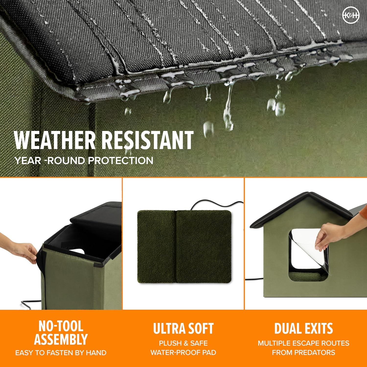 Extra-Wide Heated Cat House for Outside, Outdoor Cat House with 2 Safe Escape Doors, Weatherproof Insulated Stray & Feral Shelter with Waterproof Heated Bed, Safety Listed - Olive