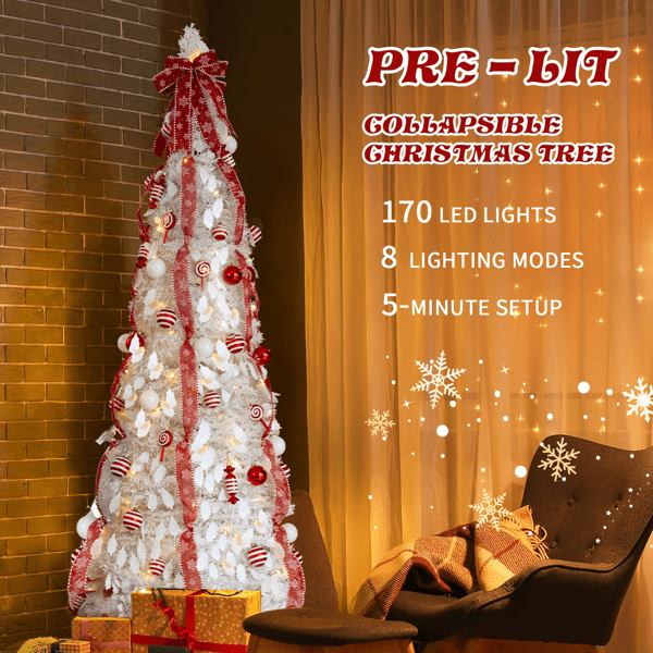 Alvantor 7 ft White Fully Decorated Pre-Lit Pop-Up Artificial Christmas Tree, 170 Warm White LEDs, 8 Modes, Red and White Ornaments