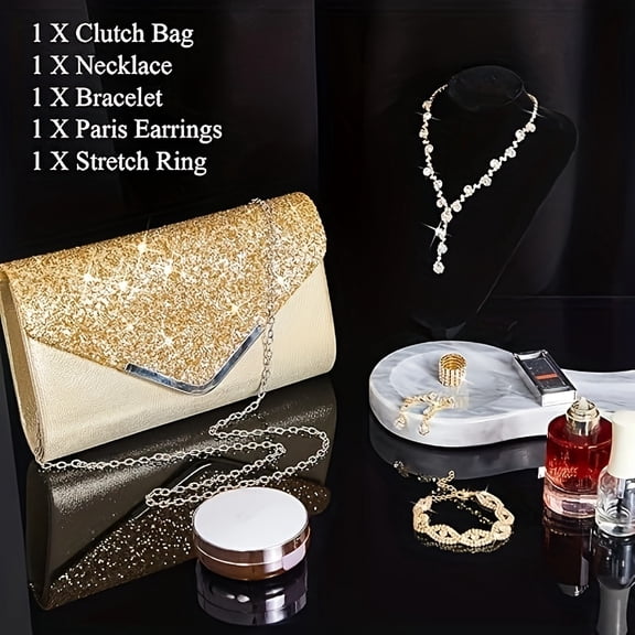 5-piece water diamond jewelry set, water diamond clutch bag, bridal ball jewelry, necklace, earrings, bracelet, ladies' style