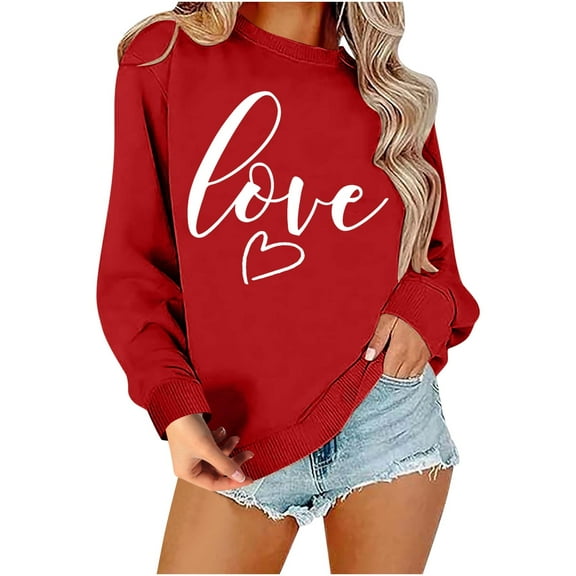 Fznquz Womens Valentines Sweatshirts Red Crewneck Sweatshirt Love Heart Print Trendy Pullover