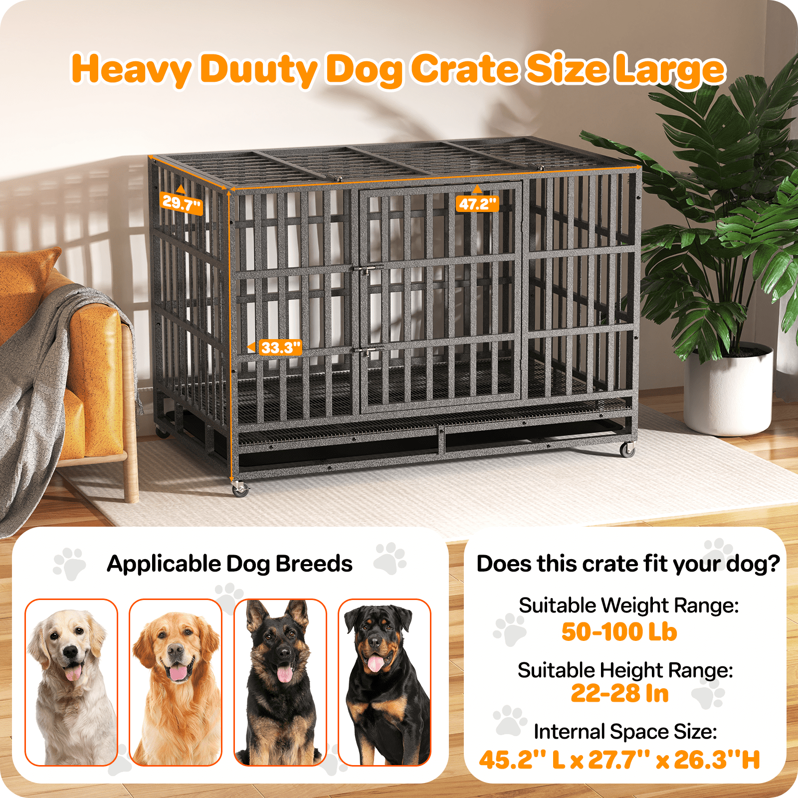 YOKWOK 48 Inch Heavy Duty Dog Crate for Large Dogs, Indestructible Chew Proof Steel Escape Proof Dog Cage for High Anxiety, XL Metal Dog Kennel with Locking Wheels and Removable Tray