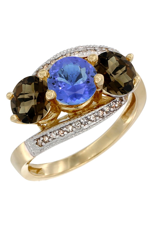 14K Yellow Gold Natural Tanzanite & Smoky Topaz Sides 3 stone Ring Round 6mm Diamond Accent, size 10