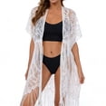 thumbnail image 5 of Women's Lace Crochet Beach Cover Up with Tassel Drawstring Tie Waist Open Front Midi Kaftan Sheer Floral Lace Cardigan Swimsuit Coverups White One Size, 5 of 9