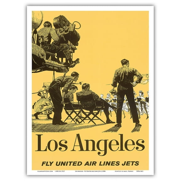 Los Angeles California - Fly United Air Lines Jets - Hollywood Movie Set - Vintage Airline Travel Poster c.1950s - Master Art Print (Unframed) 9in x 12in