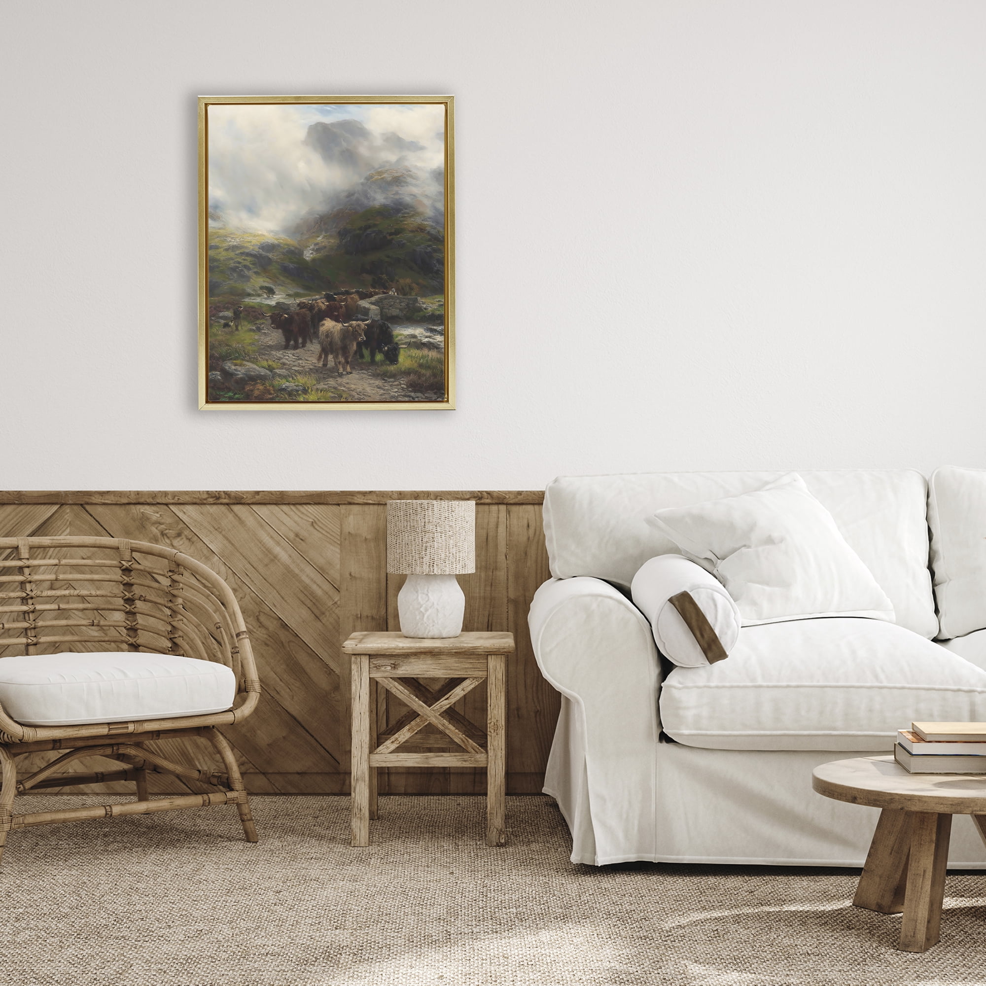 Stupell Industries Moody Highland Cows Herd Gold Framed Floater Canvas Wall Art, design by Arlington Prints