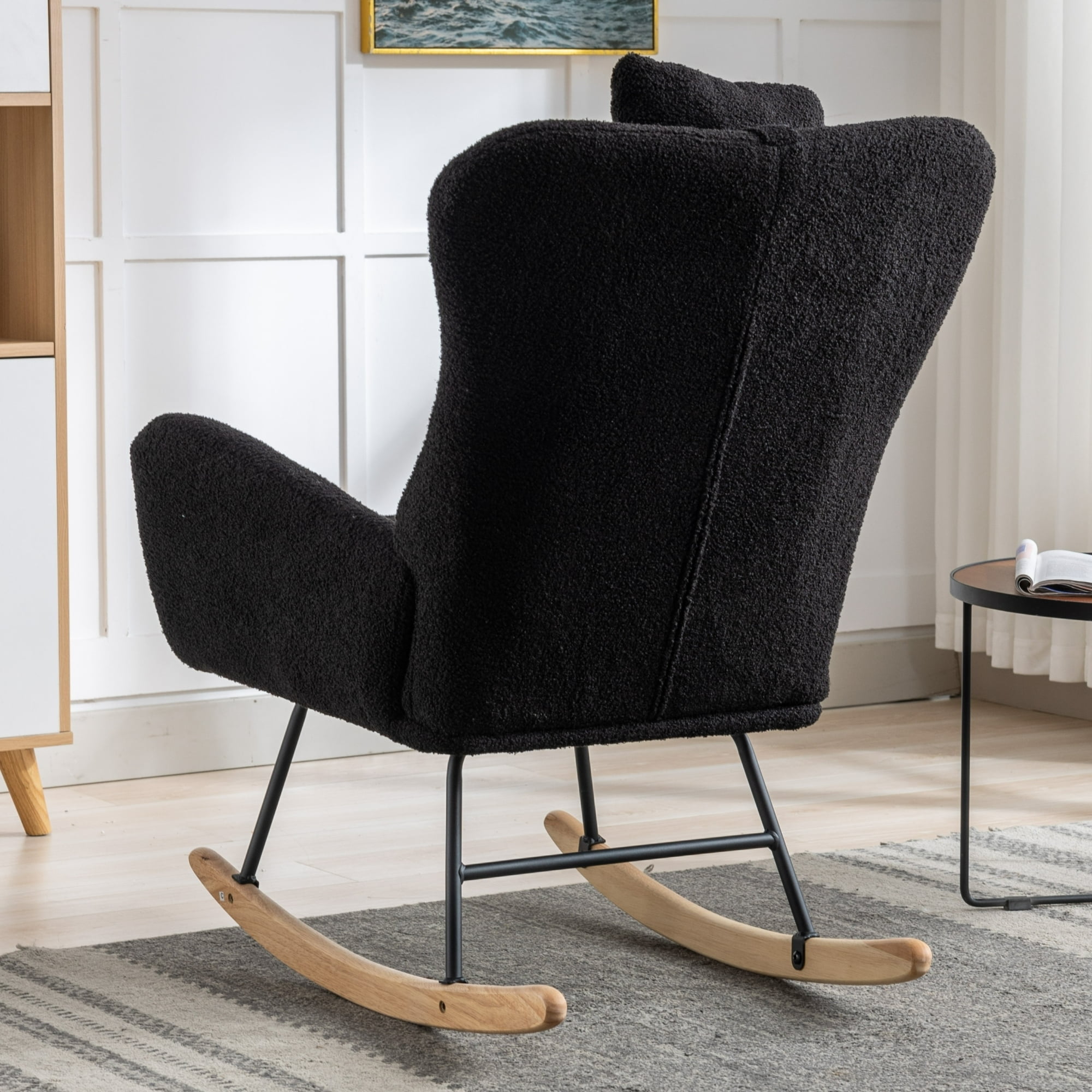 Clipeyh Teddy Fleece Upholstered Glider Rocking Chair, Black