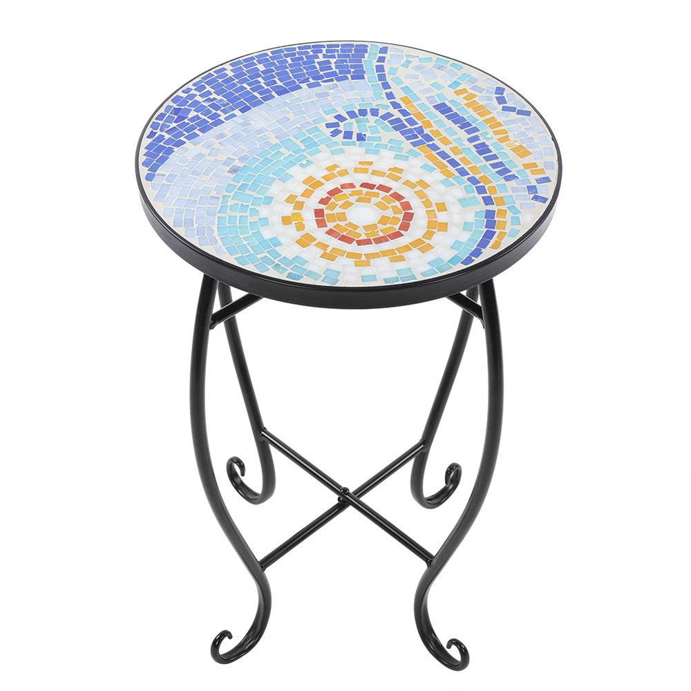 HERCHR Mosaic Painted Glass Iron Art Plant Stand Round Side Accent Table Indoor Outdoor Decor