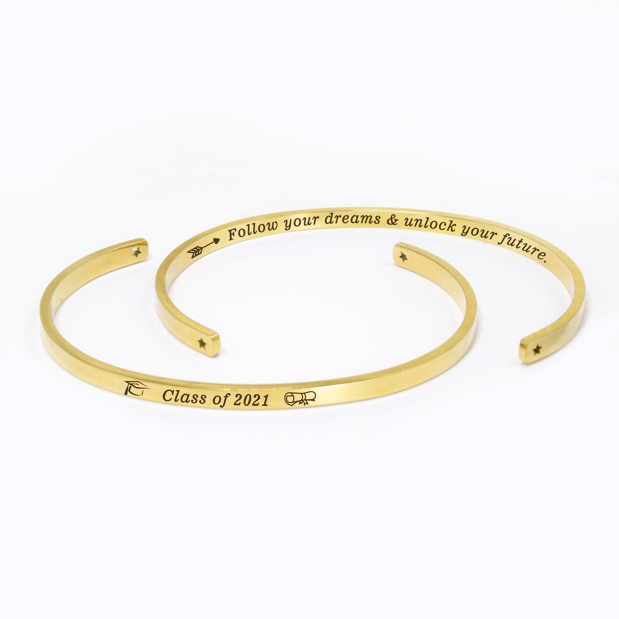 "Follow your dreams…" Gold Stainless Steel Graduation Theme Hidden Message Gift for Her Cuff Bracelet with Gift Set
