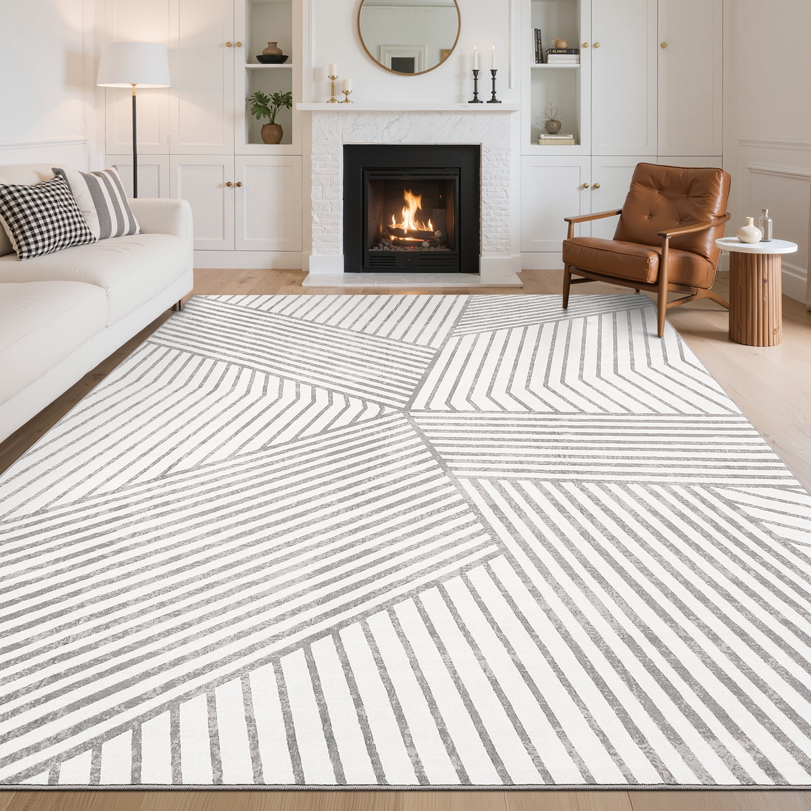 Hasoo Large Living Room Area Rug 9' x 12' Non Slip Indoor Carpet Gray Washable Modern Geometric Rug